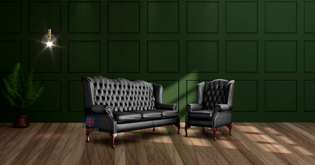 Queen Anns Scroll 3 Seater Full Grain Aniline Leather Sofa in Old English Black