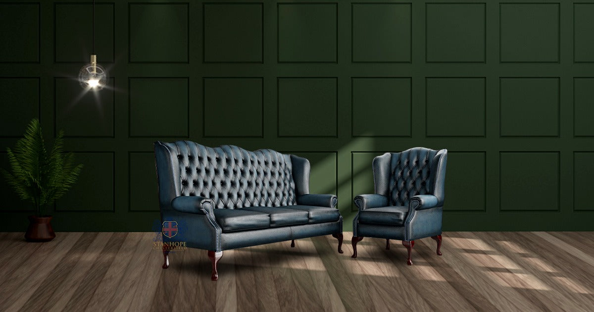 Queen Anns Scroll 3 Seater Full Grain Leather Sofa in Antique Blue