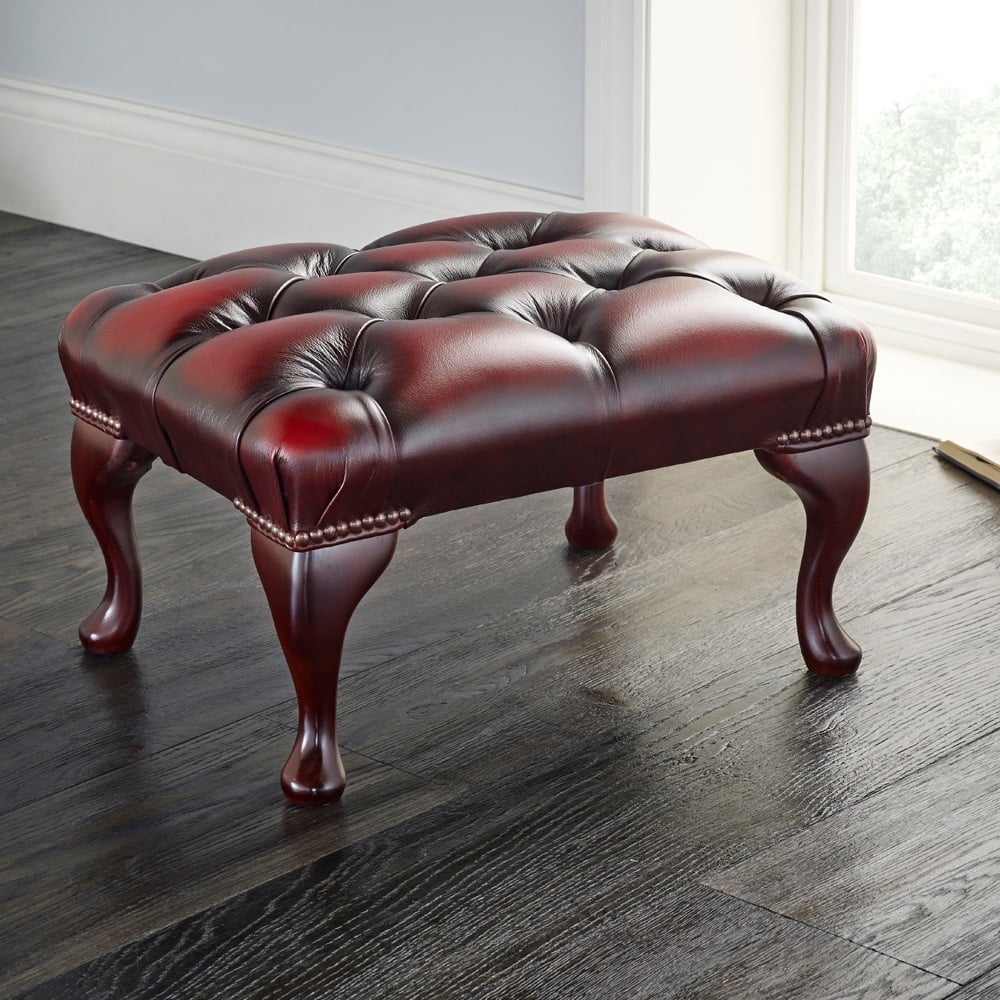 Chesterfield Queen Anne Leather Footstool in Antique Red