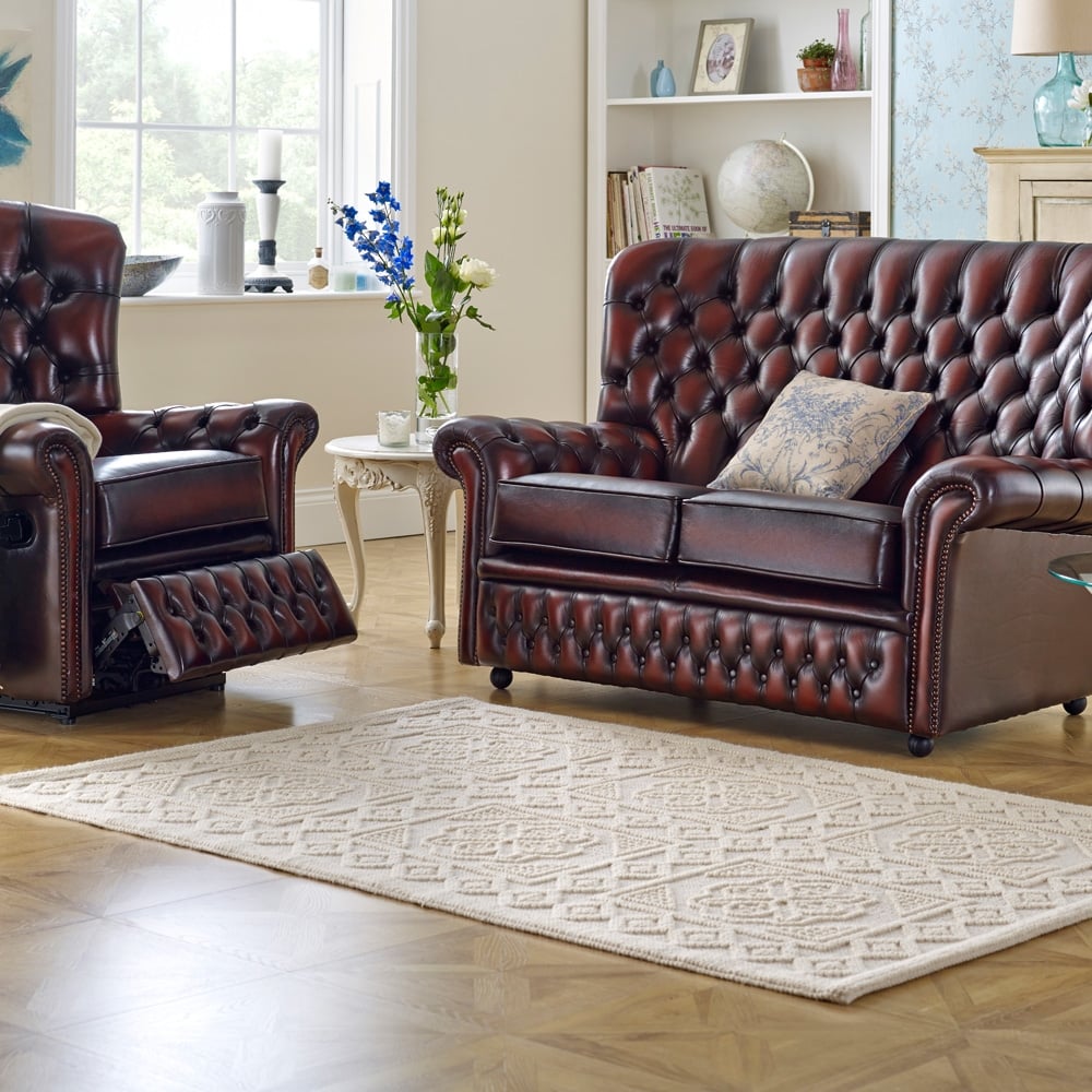 Chesterfield Highback 2 Seater Recliner Full Grain Leather Sofa