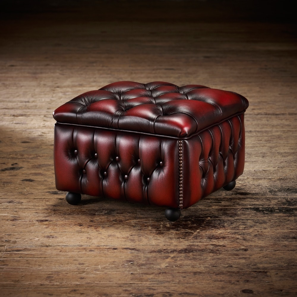 Chesterfield Antique Leather Buttoned Pouffe Footstool w Storage In Antique Red