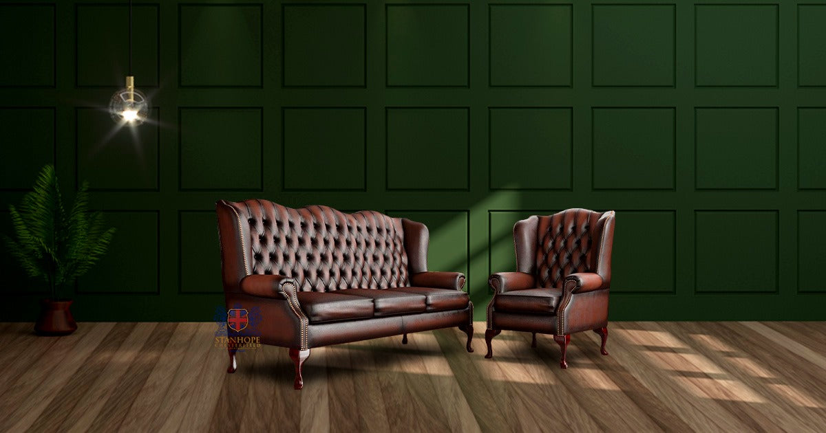 Queen Anns Scroll 3 Seater Full Grain Leather Sofa in Antique Red