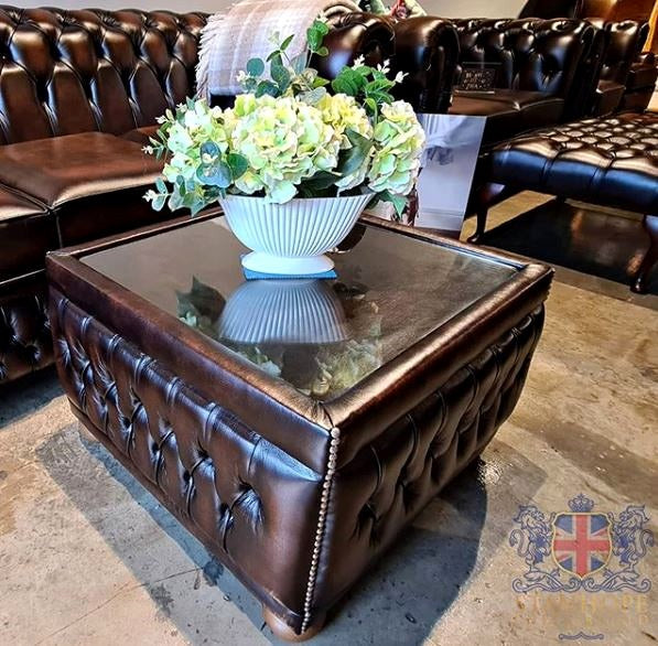 Chesterfield Full Grain Leather Pouffe Glass Coffee Table