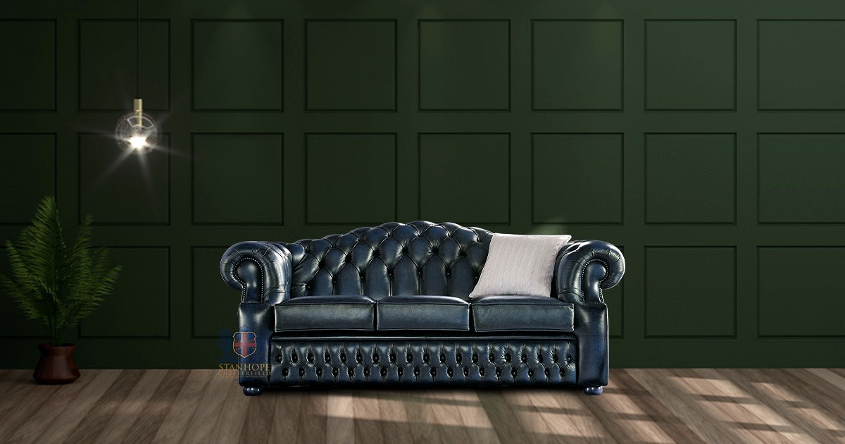 Oxford 3 Seater Full Grain Leather Sofa in Antique Blue