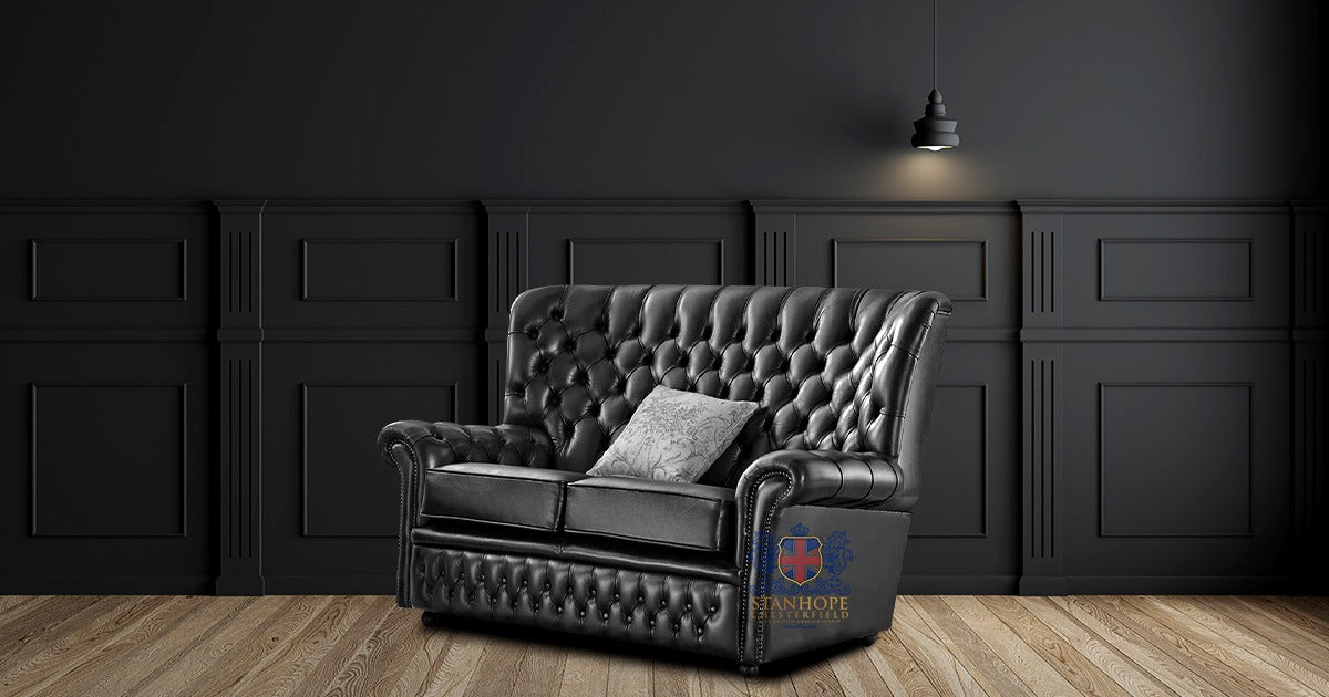 Chesterfield Highback 2 Seater Full Grain Leather Sofa in Old English Black