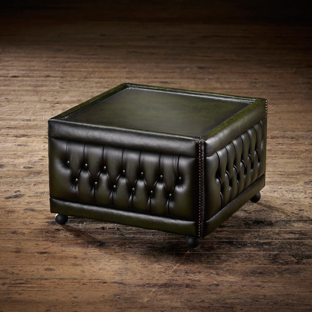 Chesterfield Antique Leather Buttoned Pouffe Table in Antique Green