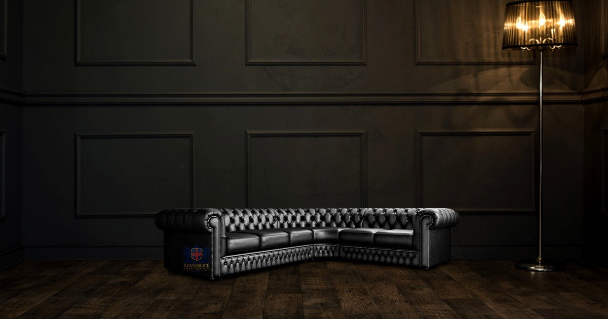 Chesterfield Corner Sofa Full Grain Aniline premium Leather in Old English Black