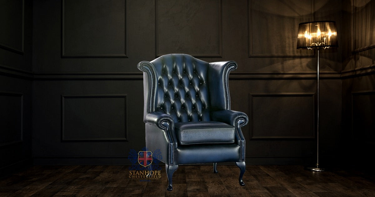Chesterfield Queen Anne Full Grain Leather Armchair Antique Blue