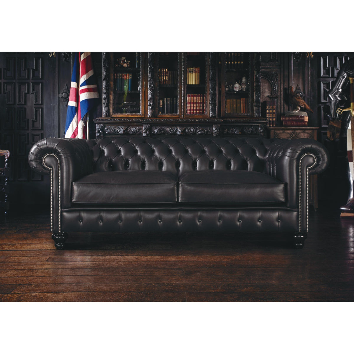 Regent 3 Seater Full Grain Leather Sofa in Old English Black