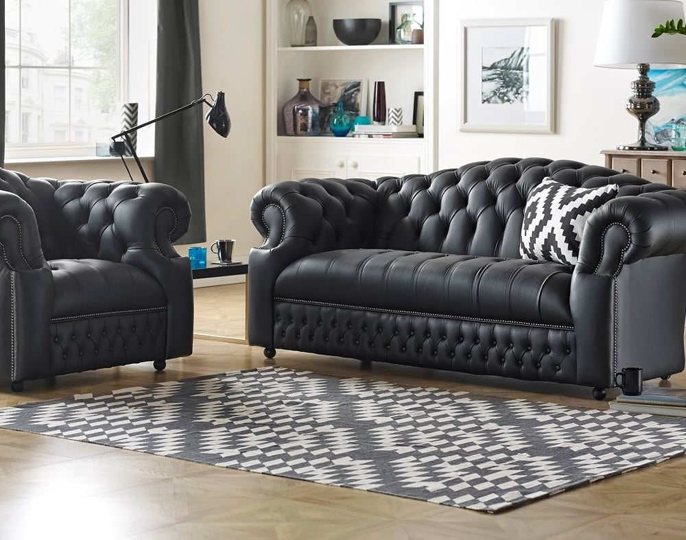 Oxford 3 Seater Full Grain Aniline Leather Sofa in Vele Black