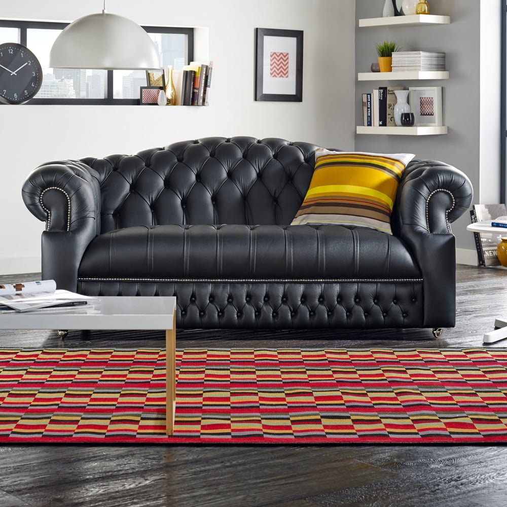 Oxford 3 Seater Full Grain Aniline Leather Sofa in Vele Black