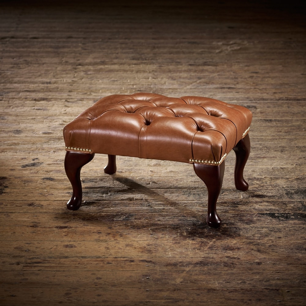 Chesterfield Queen Anne Leather Footstool in Antique Red