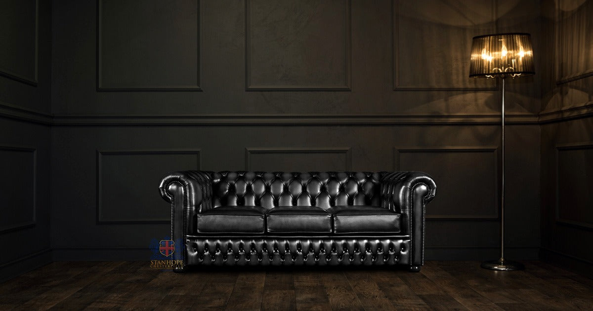 Chesterfield 3 Seater Full Grain Leather Sofa in Old English Black